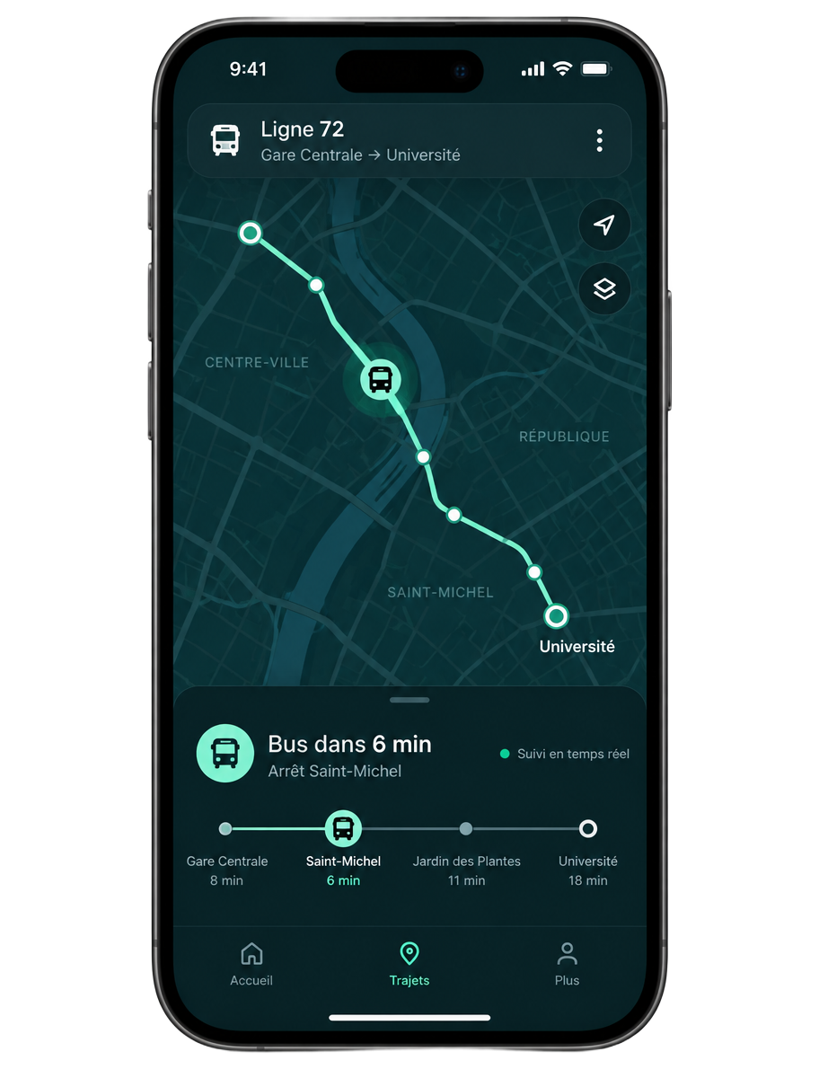 Maquette de l'application NAVETTY affichant le suivi du bus en direct